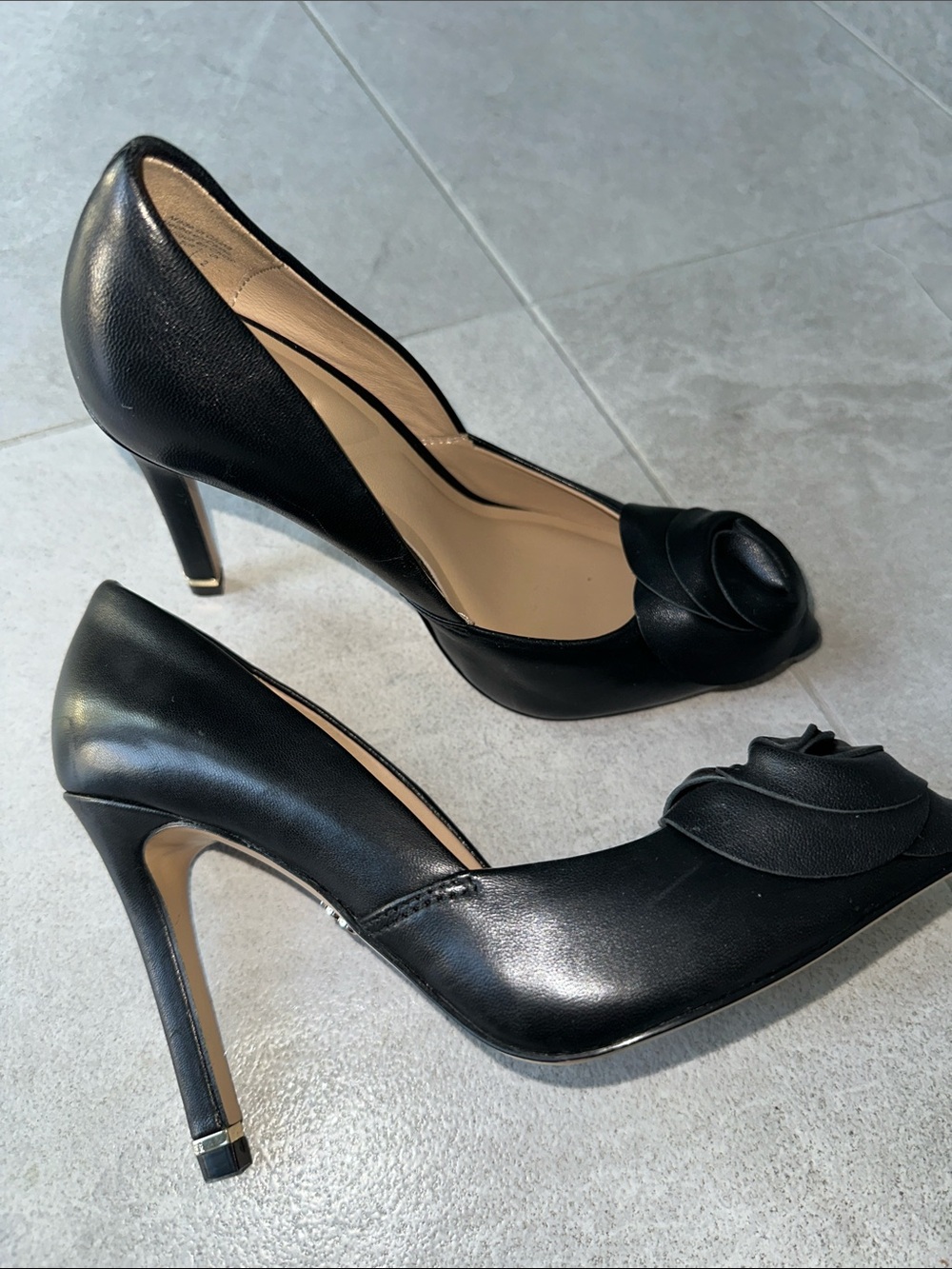 Ted Baker Black Leather Rosette Pointed Kitten Heels